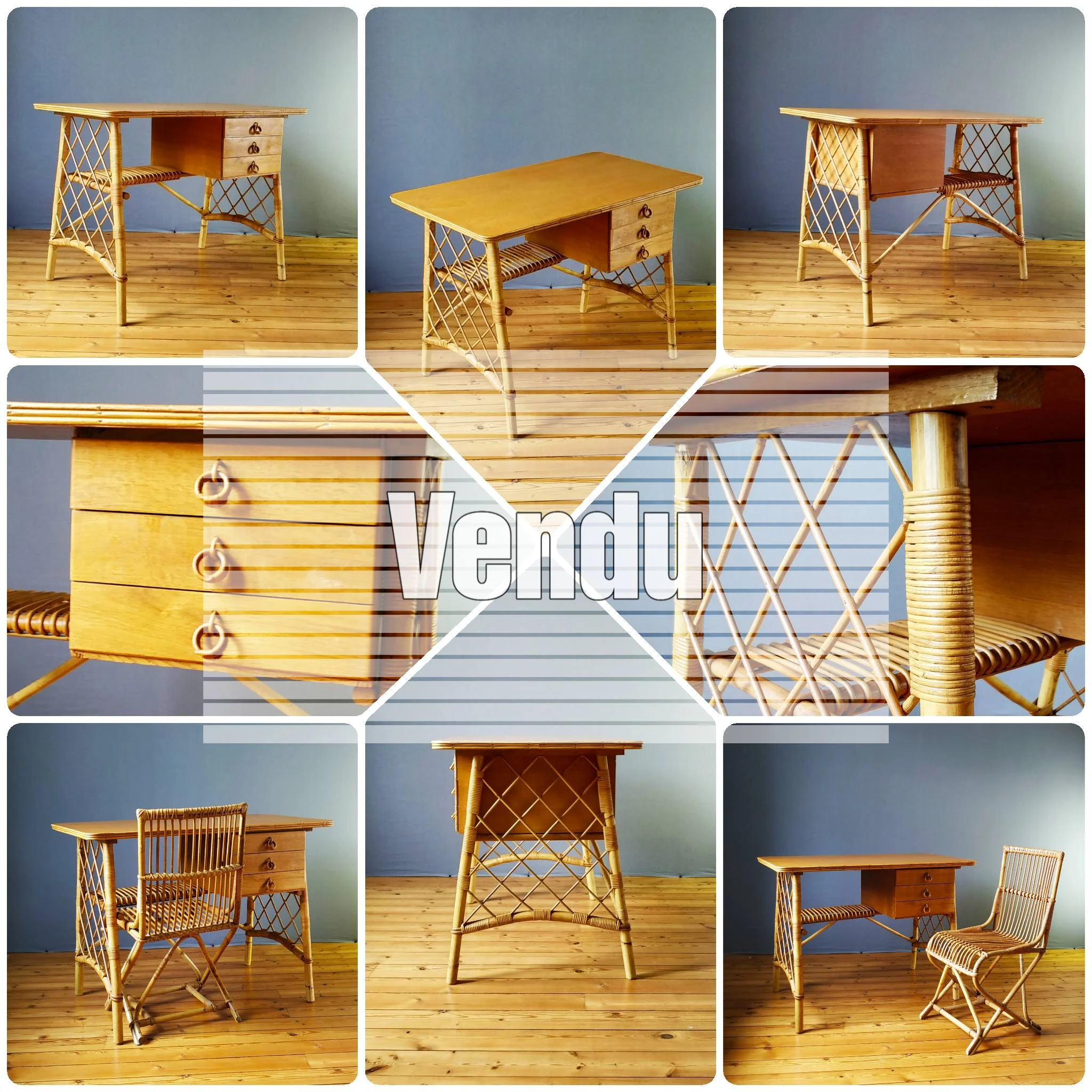 Bureau en rotin vintage à 3 tiroirs et plateau en placage bois, design Louis Sognot designer français années 60/70