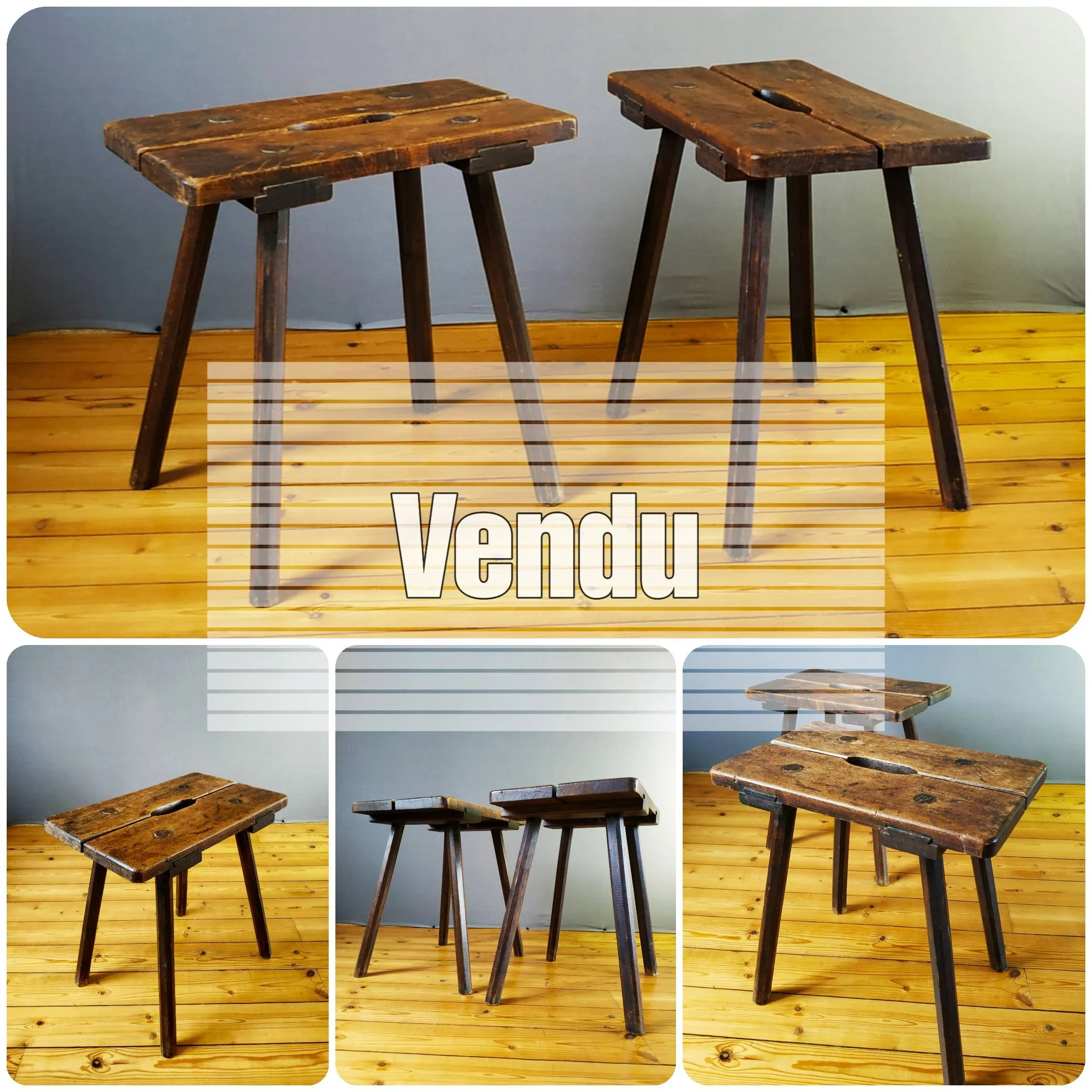 Ancien tabouret tripode brutaliste vintage en bois 50/60