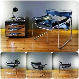 Fauteuil design Marcel Breuer "Wassilly" tubulaire chrome et cuir noir