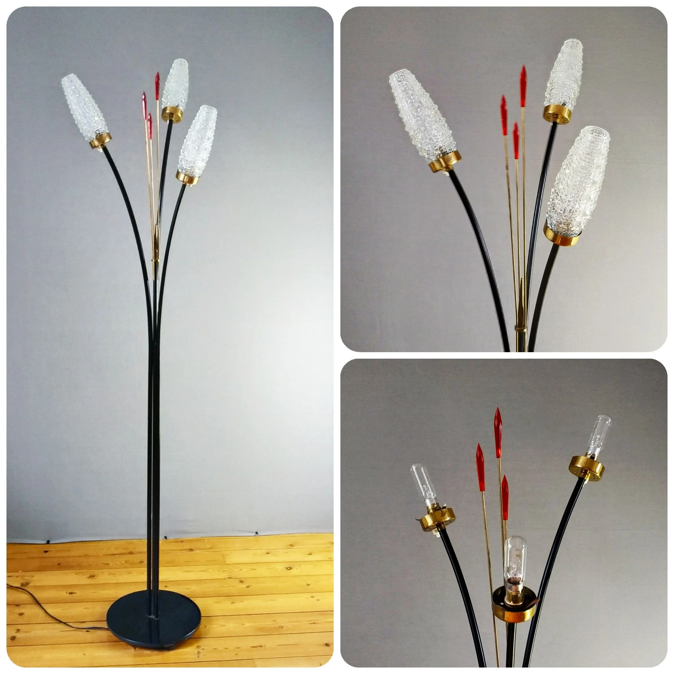 Lampadaire design à 3 feux en verre et socle en métal, Maison Lunel