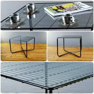 Table basse "Jarpen" par Niels Gammelgaard en métal noir et verre, années 80