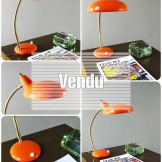 Lampe de bureau ancienne flexible en métal doré et métal laqué orange, occasion S70
