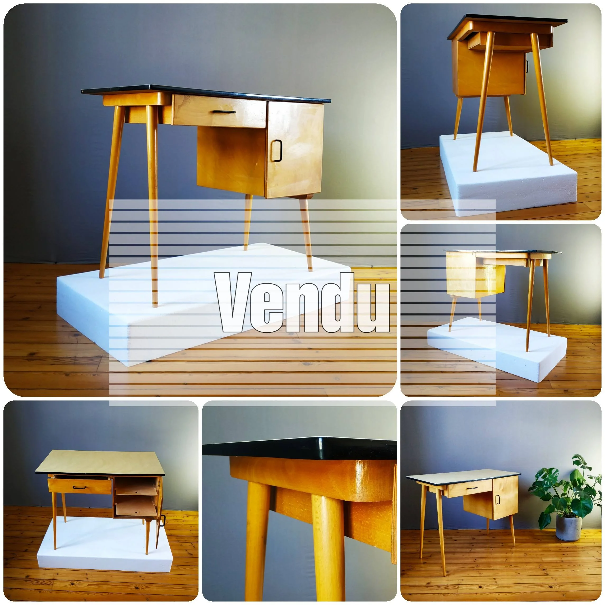 Bureau vintage en bois de hêtre et formica jaune de Baumann, occasion 50/60