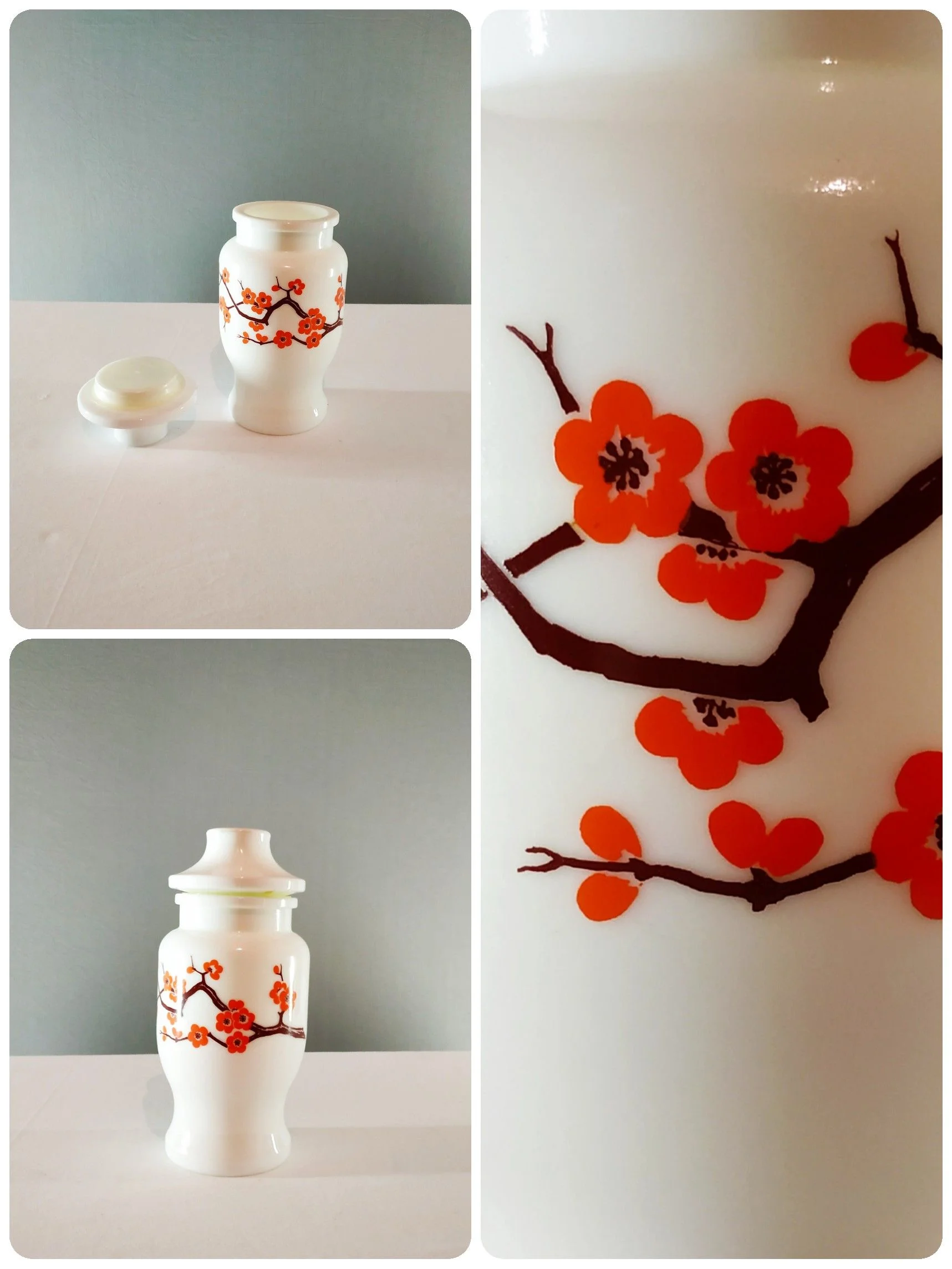 Pot ancien vintage en opaline à décor japonisant, made in Belgium années 1960/70