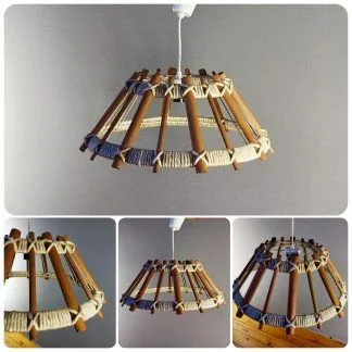 Suspension scandinave ancienne en bois et corde tressée, vintage 1970