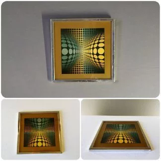 Sérigraphie graphique en bleu et jaune par Victor Vasarely, Art moderne 1970