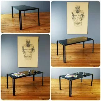 Table basse en verre et métallique noir de style néoclassique, années 50/60