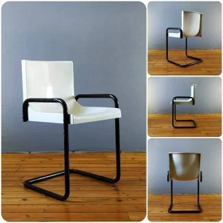chaise de bureau vintage en porte à faux tubulaire marron et plastique blanc 60/70