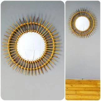 Miroir soleil ancien rond en rotin, Mid-Century vintage