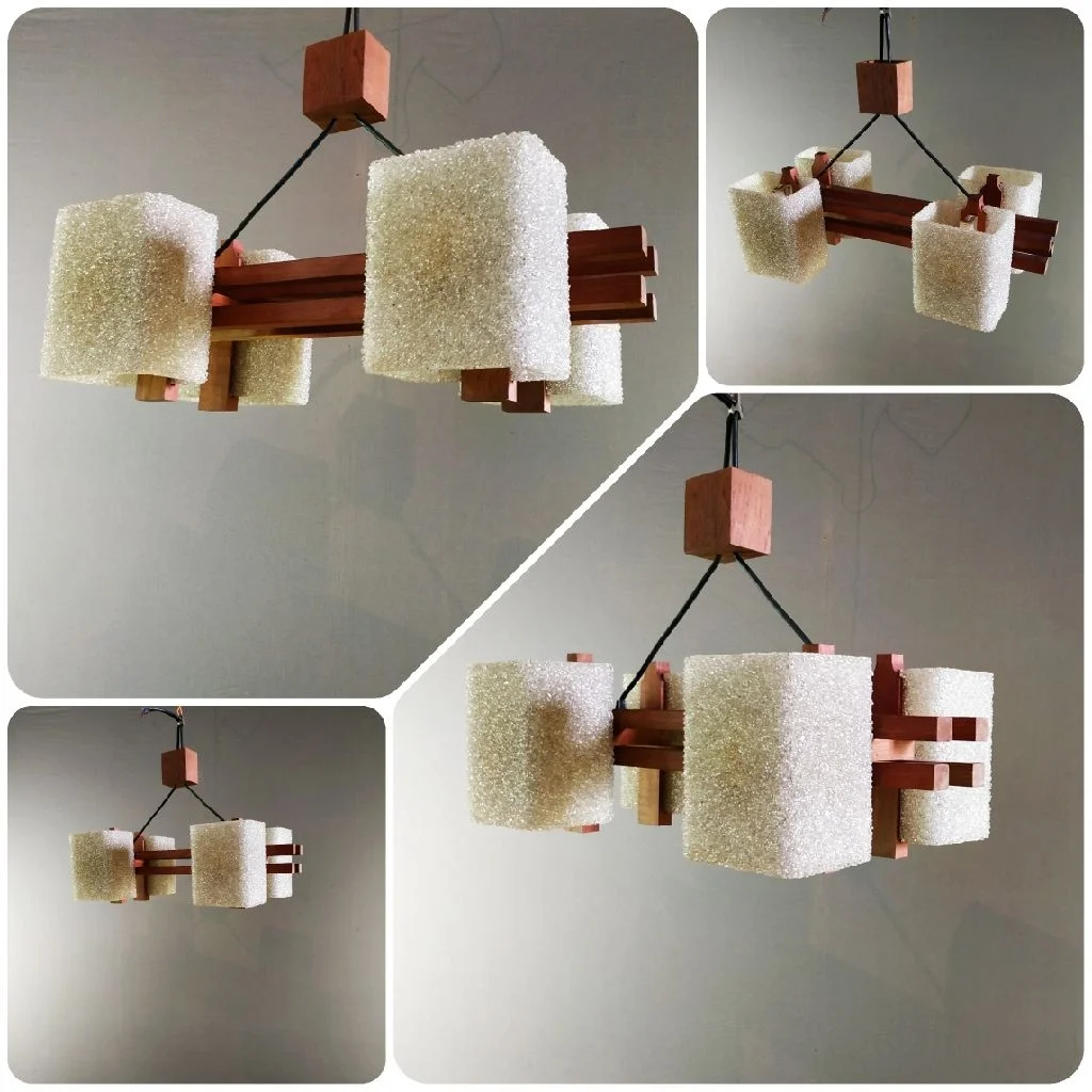 Lustre suspension vintage scandinave en bois de teck à 4 feux, années 1960