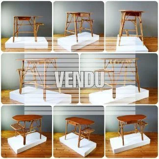 Bureau vintage pour travailler en rotin et placage bois