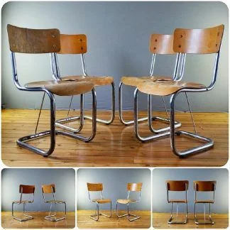 Chaises modernistes en porte à faux tubulaires chromés et placage bois