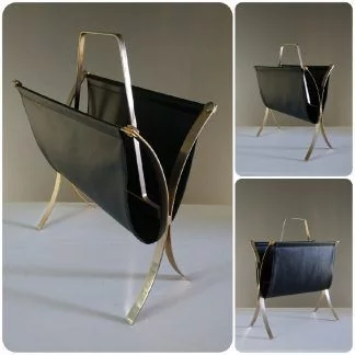 Porte revues de rangement en métal doré et skaï noir