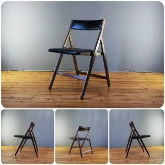 Chaise pliante scandinave en bois et skaï, années 1960