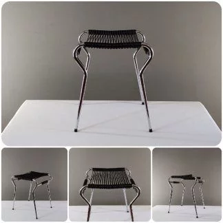 Tabouret design de salon en chrome et scoubidou noir, années 1970