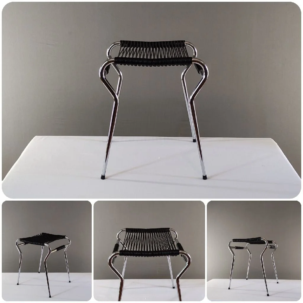 Tabouret design de salon en chrome et scoubidou noir, années 1970