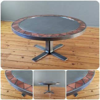 Table basse ronde en céramique et métal chrome, années 1960-1970