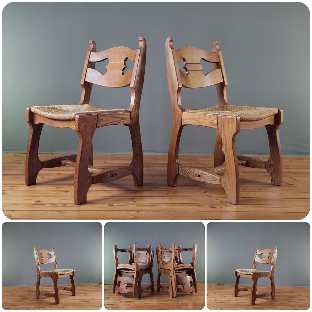 Chaises Vintage en chêne et paille par Guillerme et CHAMBRON, années 1950